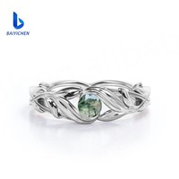 Bague de Fiançailles en Argent Sterling 925 avec Agate Mousse Ronde et Accents de Moissanite, Sertie de Feuilles, Bague de Promesse pour Femme