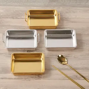 Stainless Steel Snack Plate Korea Dishes With Double Handle Multi-purpose Square Serving Dinnerware For Camping