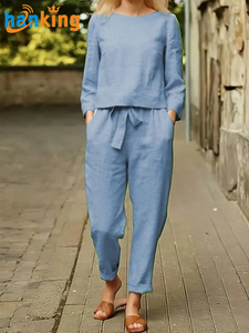 Tailleur <span class=keywords><strong>pantalone</strong></span> Casual da <span class=keywords><strong>donna</strong></span> completo in due pezzi, top a maniche lunghe e pantaloni larghi a vita alta, abbigliamento da <span class=keywords><strong>donna</strong></span> - Product Image 3