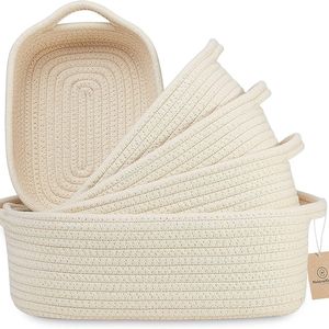 100% Natural Cotton Rope Baskets! Desk Home Decor Shallow Catchall Baskets, 5-Piece Round Small Woven Baskets Set