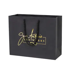 Black Gift Paper Bags Customized Store Shopping Gold Hot Foil Logo Black Paper Gift Bags