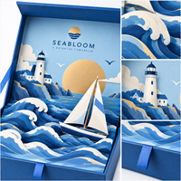Boîte Cadeau en Papier 3D Thème Voile d'Océan, Emballage Rigide Magnétique, Design Phare et Bateau à Voile pour Cadeaux de Marque Premium