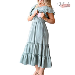Robe trapèze mi-longue en jersey à manches courtes et col rond - Mélange élasthanne/coton vert - Product Image 1