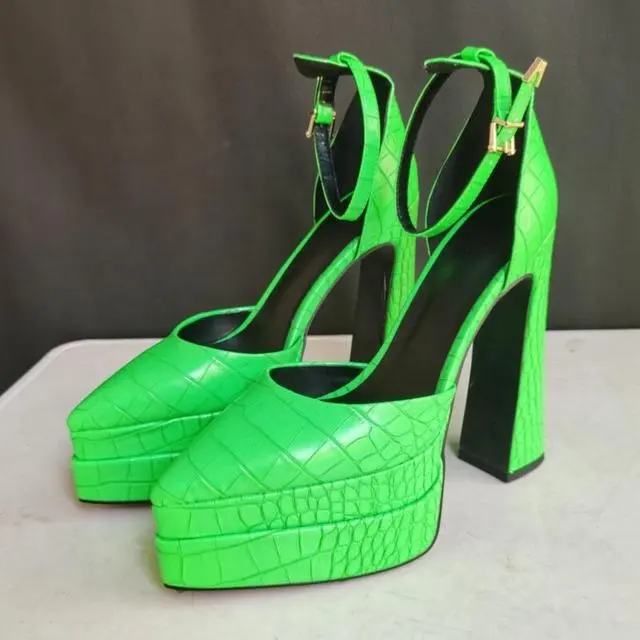 Sexy Pointed Toe Snakeskin Print Buckle Strap Women Pumps Spring Autumn Solid Green Blue High Heels with Platform Chunky Heels