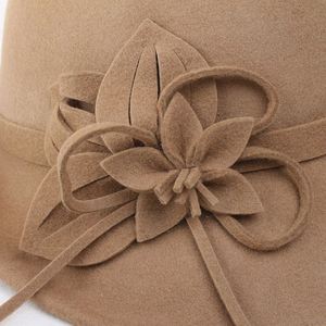 Women Elegant Autumn Winter Wool Felt Cloche <b>Hat</b> Casual Fashion Wool Felt Bucket <b>Hat</b> with Floral Accent - Product Image 5