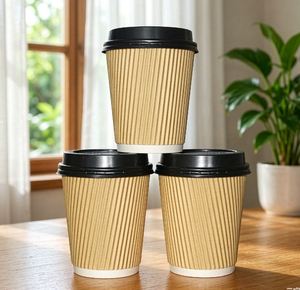 Gobelets en papier ondulé marron à double paroi 90 mm 12 oz avec couvercle plat enduit de PE pour café 8/16 oz Vaso Polipapel - Product Image 1