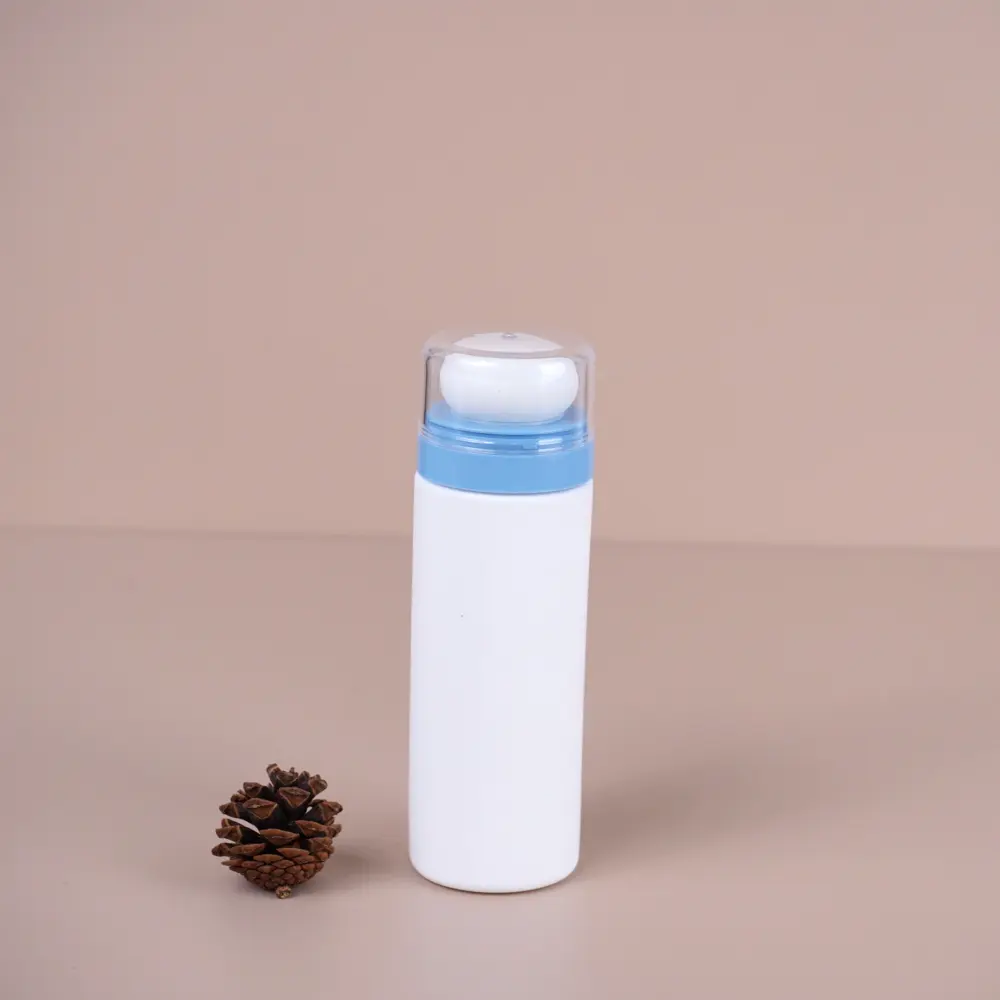 2024 New Design HDPE Talc Powder Bottle 120g Baby Powder Bottle With Powder Puff And Transparent Dust Cap