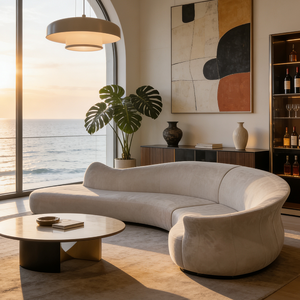 طقم أريكة فاخر وعصري منحني لغرفة المعيشة، تصميم إيطالي، أريكة من القماش الكريمي، أثاث راقي للفلل، تصميم بسيط وكبير الحجم - Product Image 4