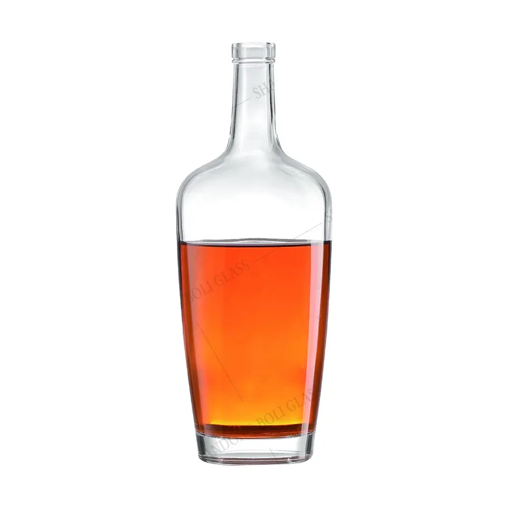 Nhà cung cấp trung quốc rõ ràng phẳng chai whisky rượu 500ml 700ml cognac chai thủy tinh rỗng với nút chai bằng gỗ stpper