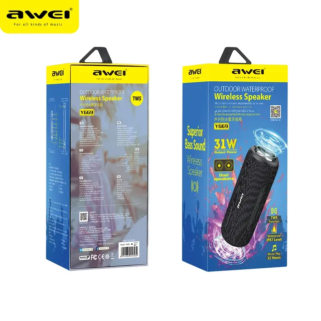 Awei 2025 Portable Subwoofer Wireless RGB LED for V5.1 IPX-6 Waterproof 10-30W 2.0 Channel Outdoor Sports Mobile Speaker