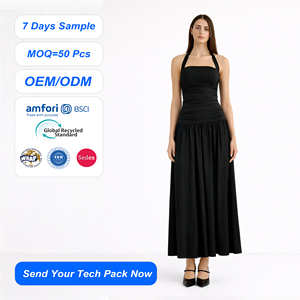 Vestido Maxi Negro Personalizado SHENGFU para Mujer, sin Mangas, con Cuello Halter, Cuerpo Fruncido y Plisado, Cintura Natural, Estilo Fluido, para Verano, Noche o <span class=keywords><strong>Resort</strong></span>, OEM/ODM - Product Image 1