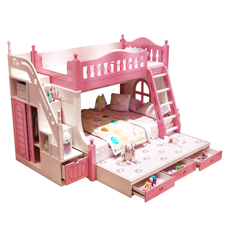 Pine white blue color wooden kid's children bunk bed bunkbed