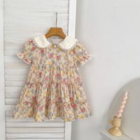Robe d'été pour petite fille, robe en coton à fleurs, col Peter Pan avec dentelle, manches bouffantes, ourlet à volants, robe de princesse décontractée pour enfants