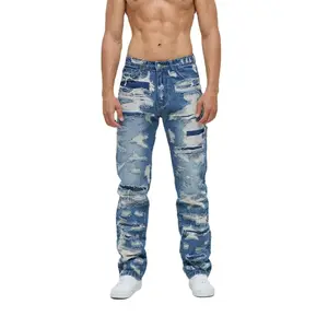 Customization Wholesale Custom Foil Oil Sliver Ripped Designer Men Jeans Edge Embroidery Rock Luxury Distressed Ripped Denim