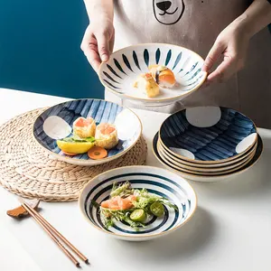 일본 식기 기계 인쇄 유약 컬러 가정용 세라믹 플레이트 8 인치 디스크 접시 딥 플레이트