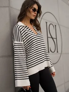 <span class=keywords><strong>Maglione</strong></span> a Righe Stile Coreano da <span class=keywords><strong>Donna</strong></span> DN con Colletto a <span class=keywords><strong>Polo</strong></span>, Maniche Lunghe, Pullover Lavorato a Maglia Ampio per Autunno e Inverno - Product Image 4