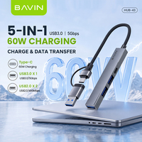 BAVIN Hub USB C 5-en-1 43 60W PD Station de charge 2-en-1 Type C USB A Adaptateur en aluminium 5 Gbps pour ordinateur portable, tablette, smartphone, PC
