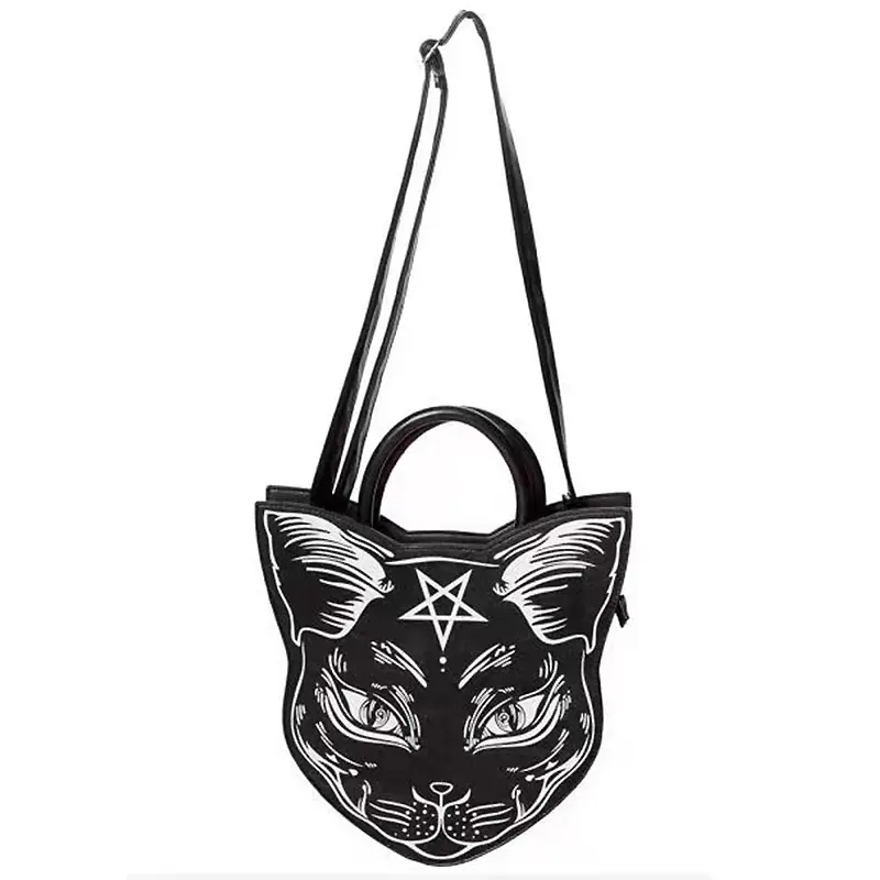 Bolsa feminina com estampa de animais, novidade, desenho gótico escuro, punk rock, pentagrama, bolsa de ombro para gato gótico de Halloween