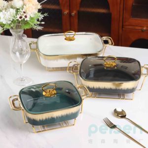 Pot en céramique carré de 11 pouces avec couvercle en verre à poignée en acier inoxydable plaqué or pour soupe sur cuisinière à gaz présenté dans une boîte cadeau - Product Image 3