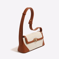 Tas Selempang Wanita Kanvas Warna-Blok Dua Warna Sambungan Vintage dengan Tutup dan Tali Pengikat yang Dapat Disesuaikan, Aksen Kulit PU, untuk Sehari-hari
