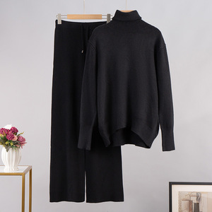 Pullover largo invernale a collo alto tinta unita pantaloni larghi lavorati a maglia da <span class=keywords><strong>donna</strong></span> 2 pezzi completo maglione da <span class=keywords><strong>donna</strong></span> - Product Image 5