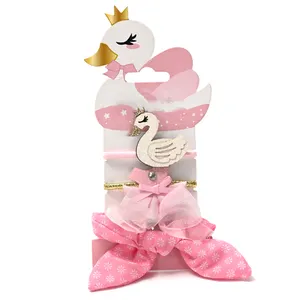 4 Pcs/set Sweet Pink Bow White Swan Princess Dress Hair Accessories For Kids Hair Scrunchies