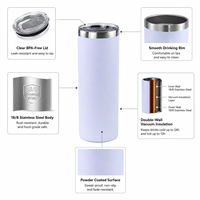 Gobelet isotherme mince de 20 oz en acier inoxydable, bouteille d'eau isolée sous vide, revêtement poudré, tasse de voyage droite avec couvercle pour voiture, bureau, salle de sport