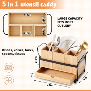 Iron and steel <b>kitchen</b> countertop cutlery rack, wooden <b>paper</b> towel rack with drawers, wooden cutlery storage rack - Product Image 5