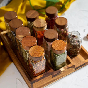 Wooden <b>Spice</b> Rack With Glass <b>Jars</b> Wooden Lids Airtight Storage For Kitchen Countertop 23x22x7.5Cm - Product Image 1