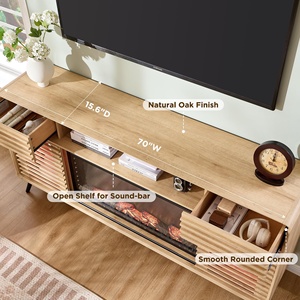 Giữa Thế Kỷ hiện đại TV đứng với lò sưởi điện đèn LED gỗ phương tiện truyền thông giao diện điều khiển trượt Slatted cửa lưu trữ Kệ - Product Image 5
