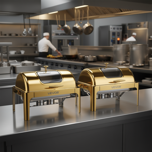 Vevor Juego de Recipientes para Calentar Comida de Acero Inoxidable Dorado de 9 Qt con Tapa Enrollable, Equipo de Exhibición para Buffet con Calentamiento a Alcohol - Product Image 2