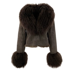 Giacca di lusso in vera pelle di pecora corta morbida grande collo di <span class=keywords><strong>pelliccia</strong></span> di agnello mongolo personalizzato da donna invernale cappotti in pelle scamosciata - Product Image 4