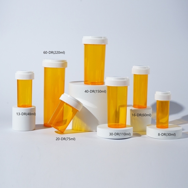 8-60 DR Amber Yellow PP Pill Bottles with Child Resistant Cap and Easy Open End for Pharmaceutical Packaging