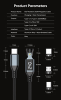 Cable USB-C para Teléfono con Carga Rápida de 240W y Sincronización de Datos, Cabezal Giratorio de 540°, Carga Rápida de 5A, 3 en 1, Puntas Magnéticas Tipo C con Pantalla