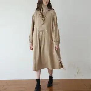 Straight Button Soild Color Vintage Midi Long Sleeve A-Line Crew Neck High Quality Cotton Linen Clothes Women Dress With Pockets