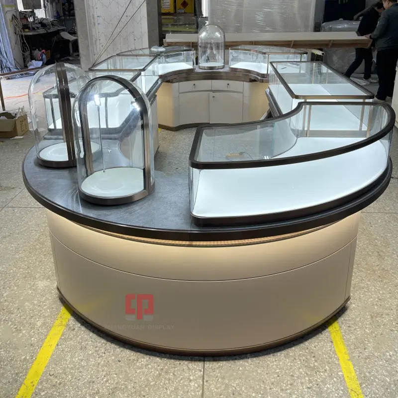 Luxury Jewelry Store Furniture Showcase Arc Glass Metal Stainless Steel Jewelry Combination Cabinet Jewelry Showcase Counter