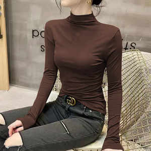 Women's Solid Color Half High Neck Long Sleeve Slim Fit Base Shirt <b>Top</b> Soft Polyester Inner <b>Layer</b> 2025 Autumn Winter - Product Image 2