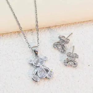 Cubic Zirconia Silver Pendant Titanium Steel Necklace Earrings Jewelry Set