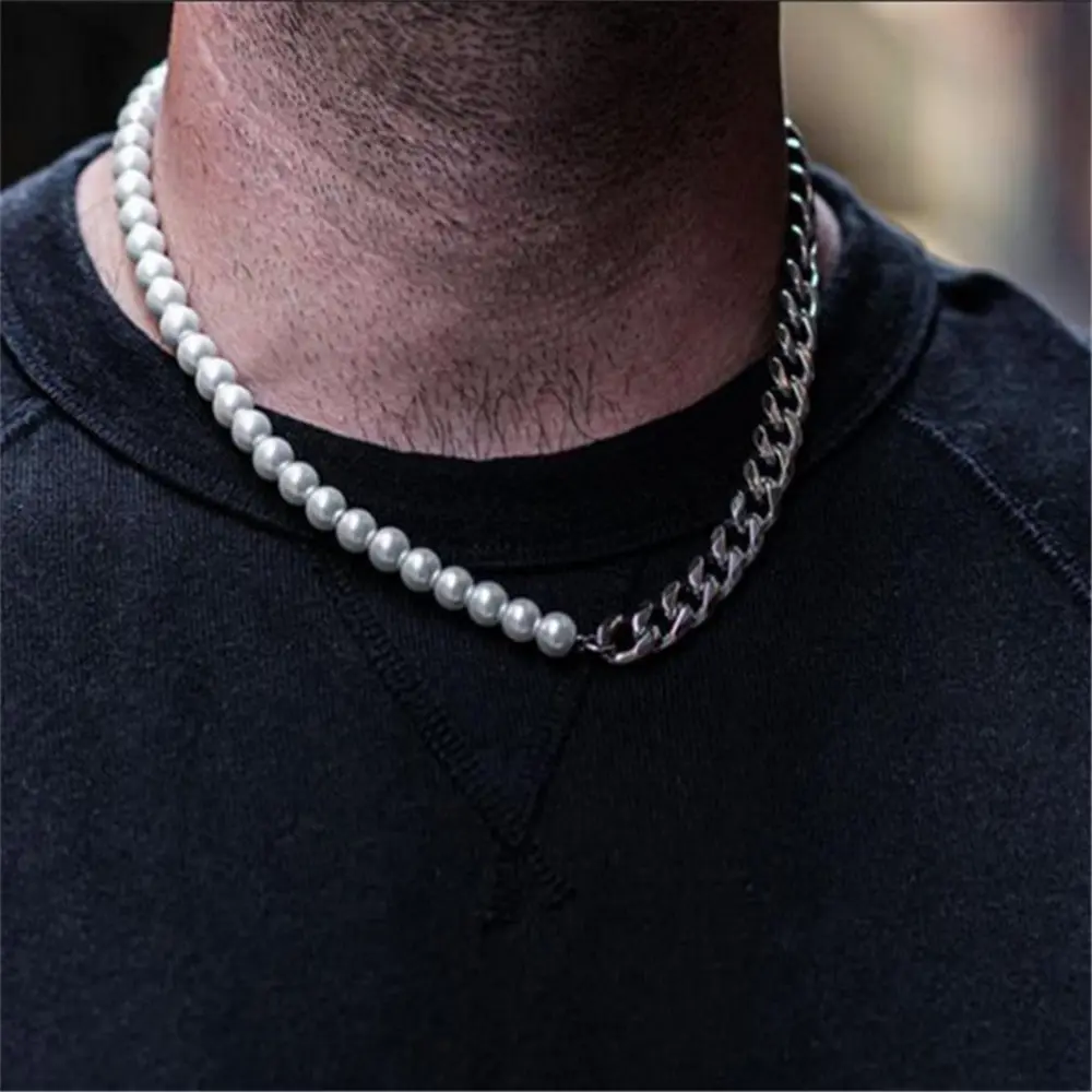 Colorfast Titanium Steel Men's Pearl Necklaces Trendy Cool Splicing Stainless Steel Cuban Chain Pearl Chain Necklace