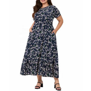 Vestido de playa informal de verano al por mayor, nuevo, con cuello redondo, manga corta, talla grande, maxi, cintura imperio, estampado floral - Product Image 3