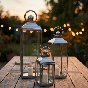 Polished Stainless Steel <b>Lanterns</b> <b>Set</b> Of 3 (Sloped Top) - Product Image 2