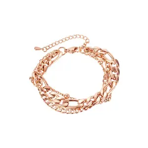 Cổ Điển Hip Hop 18K Rose Gold Plated Thép Không Gỉ Cổ Điển Hai Lớp Cuba Chuỗi Thăng Hoa Vòng Đeo Tay