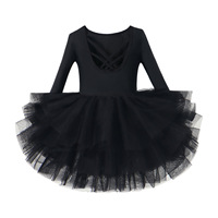 Justaucorps de danse sans dos avec trois jupes en maille, robe de danseuse à manches longues, costume de performance pour enfants