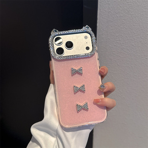เคสโทรศัพท์มือถือลายการ์ตูนโบว์วิบวับสำหรับ iPhone 17 Air 16 15 14 Pro Max น่ารัก พร้อมกรอบกล้องรูปหูแมว KT ประดับเพชร ฝาหลังน่ารัก - Product Image 3