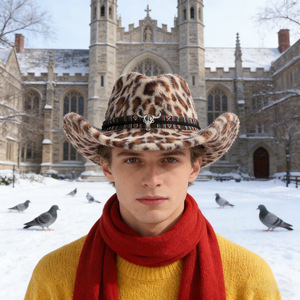 Sombrero de Vaquero de Felpa con Estampado de Leopardo ZhenXi, M56-58cm, con Adorno de Cabeza de Vaca, Estilo Occidental - Product Image 4