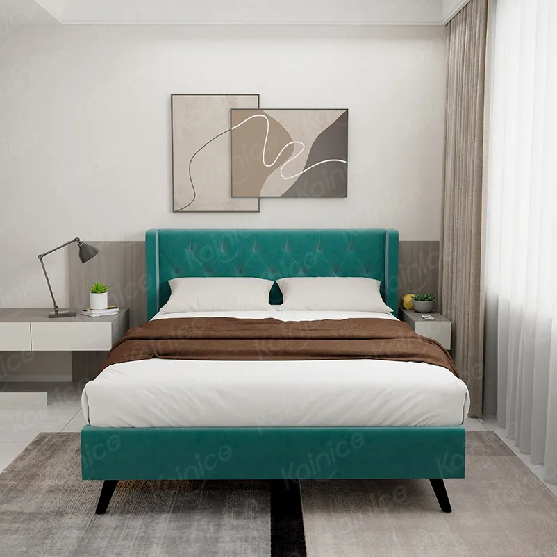 Kainice-Muebles personalizados de terciopelo verde, marco de base de cama de madera, tamaño queen, cama king, camas con funda para dormitorio