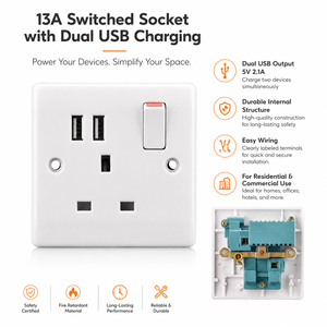 Enchufe de Pared Eléctrico de 250v al por Mayor con <span class=keywords><strong>2</strong></span> Puertos USB, Estándar del Reino Unido, Enchufe de Pared de Lujo - Product Image 3
