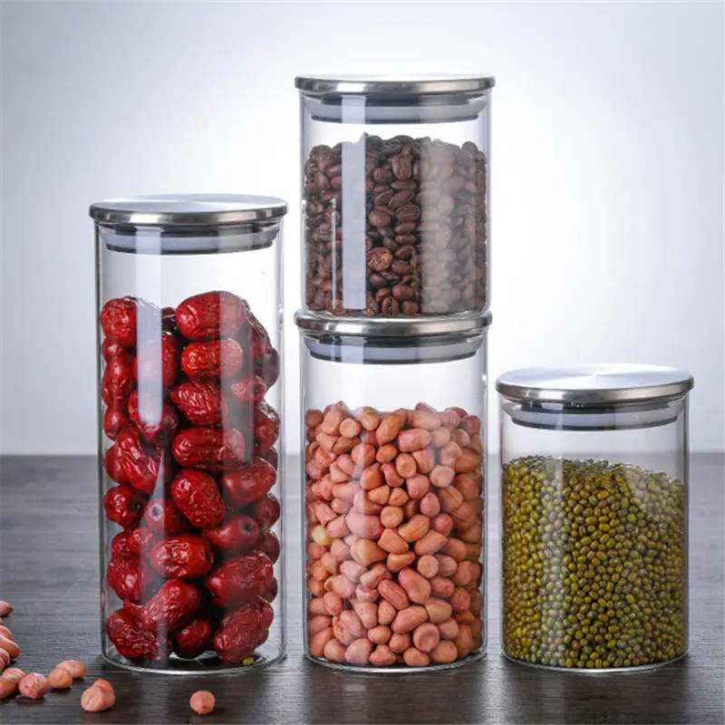 Borosilicate Jar Glass Storage Containers with Metal Stainless Lids Airtight Glass Jars for Sugar Flour Candy Cookie Rice