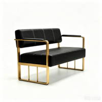 Canapé d'attente moderne pour salon, banc en cuir PU noir avec structure en métal doré pour salon de coiffure et centre commercial