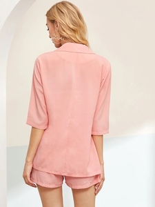 KY Co-ord <strong>Women's</strong> Office Set Solid Blazer with Three-Quarter <strong>Length</strong> Sleeves Double Button <strong>Knee</strong> <strong>Length</strong> <strong>Shorts</strong> Matched Long Tops - Product Image 4
